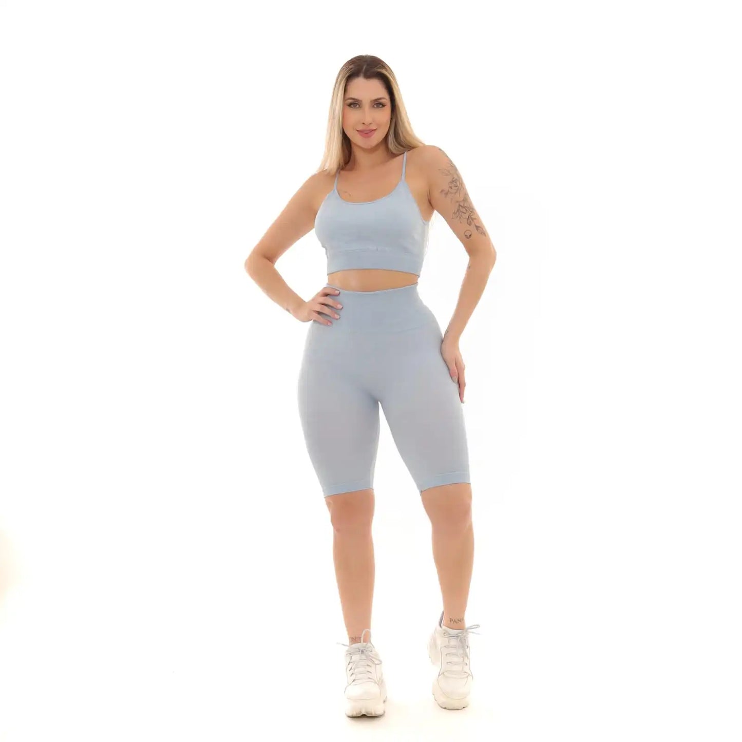 CONJUNTO TOP E BERMUDA FITNESS EMPINA E LEVANTA BUMBUM - AZUL CLARO