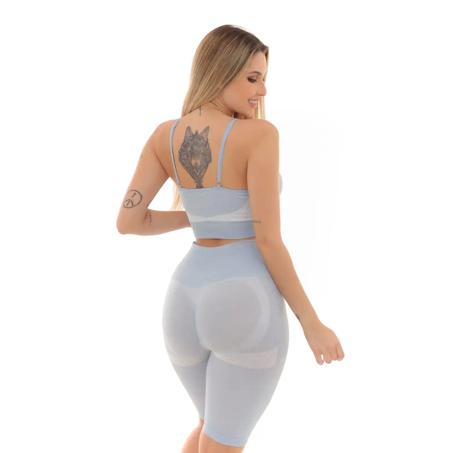 CONJUNTO TOP E BERMUDA FITNESS EMPINA E LEVANTA BUMBUM - AZUL CLARO