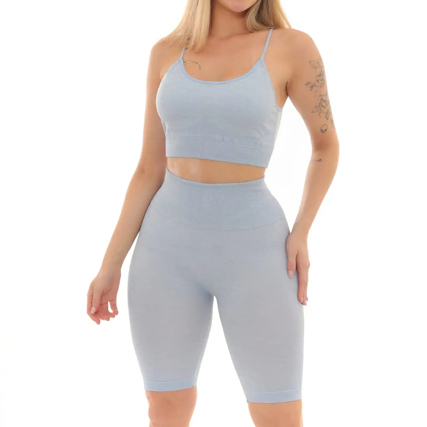 CONJUNTO TOP E BERMUDA FITNESS EMPINA E LEVANTA BUMBUM - AZUL CLARO