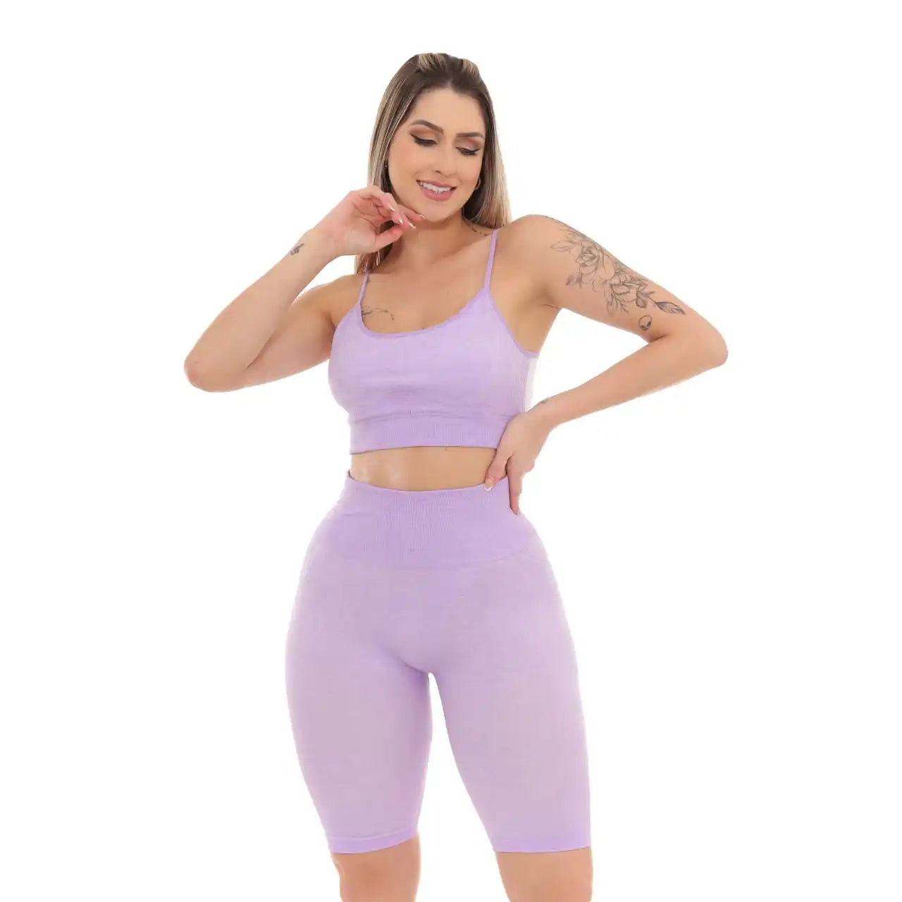 CONJUNTO TOP E BERMUDA FITNESS EMPINA E LEVANTA BUMBUM - LILÁS