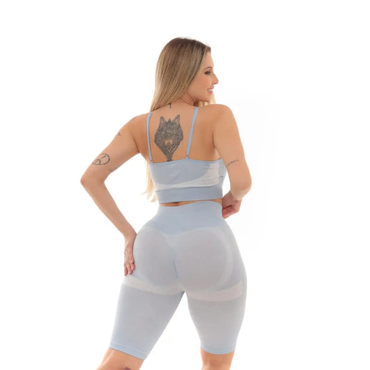 CONJUNTO TOP E BERMUDA FITNESS EMPINA E LEVANTA BUMBUM - AZUL CLARO