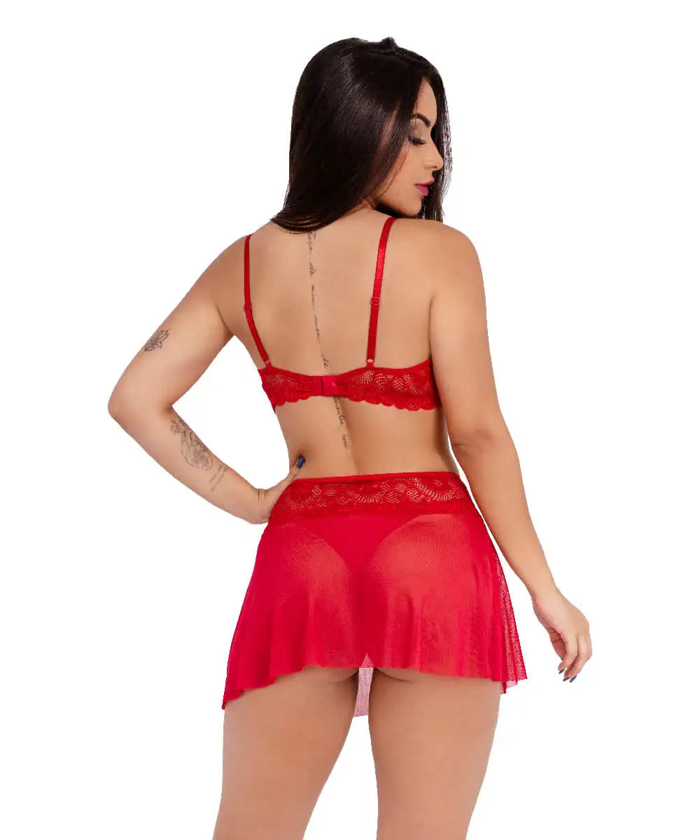 CONJUNTO LINGERIE SUTIÃ CALCINHA FIO E SAIA RENDA TULE HARI