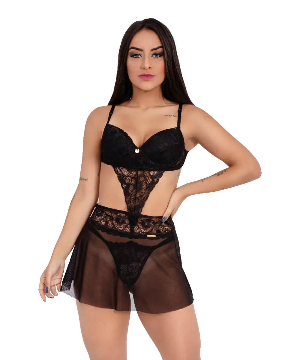 CONJUNTO LINGERIE SUTIÃ CALCINHA FIO E SAIA RENDA TULE HARI