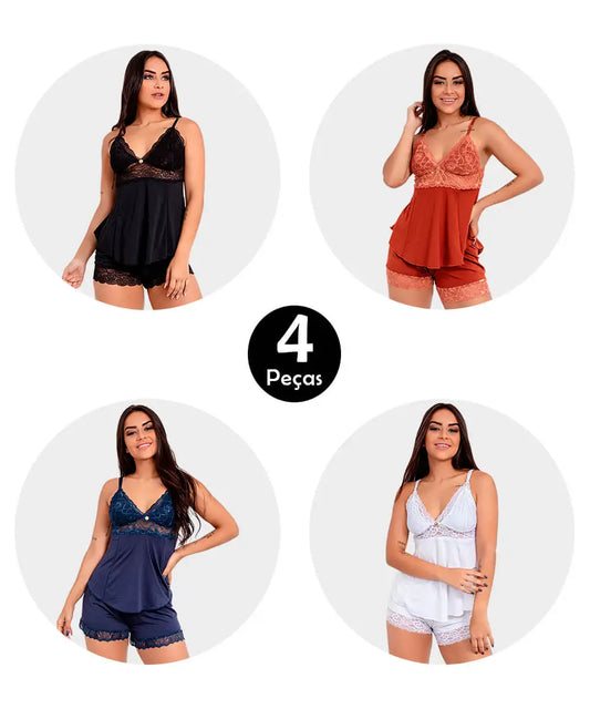 KIT 4 PIJAMAS BABY DOOL SEXY FEMININO DETALHE DE RENDA LUXO