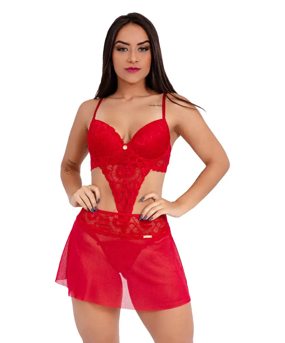 CONJUNTO LINGERIE SUTIÃ CALCINHA FIO E SAIA RENDA TULE HARI